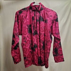 Melody Brooke fushia black floral rose shirt shiny metallic maxi vintage pleated